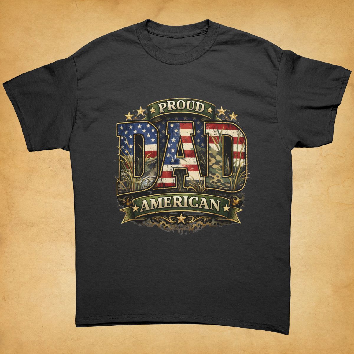 Proud American Dad black graphic tee on a beige background.