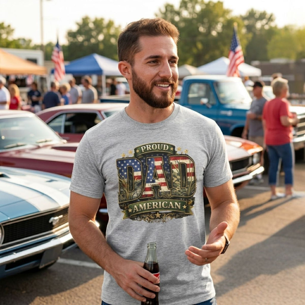 Guy wearing Proud American Dad black tee.