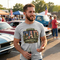Guy wearing Proud American Dad black tee.