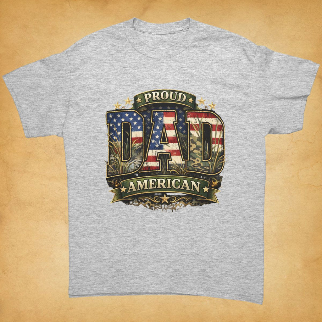 Proud American Dad grey graphic tee on a beige background.