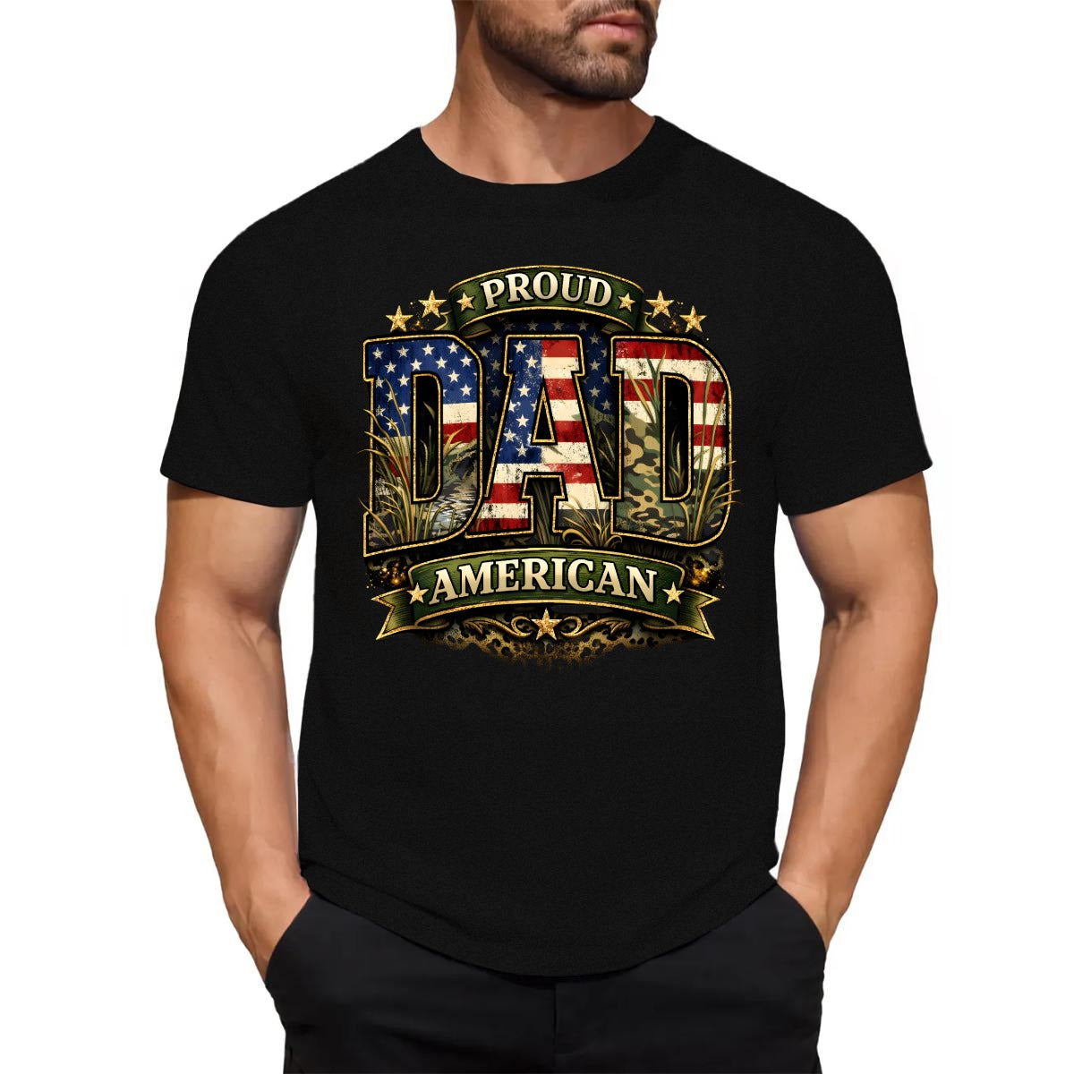 Black t-shirt with Proud American Dad design on a white background