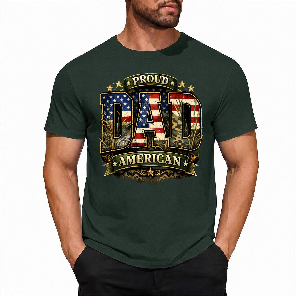 Man wearing a green t-shirt with Proud American Dad design on a white background.