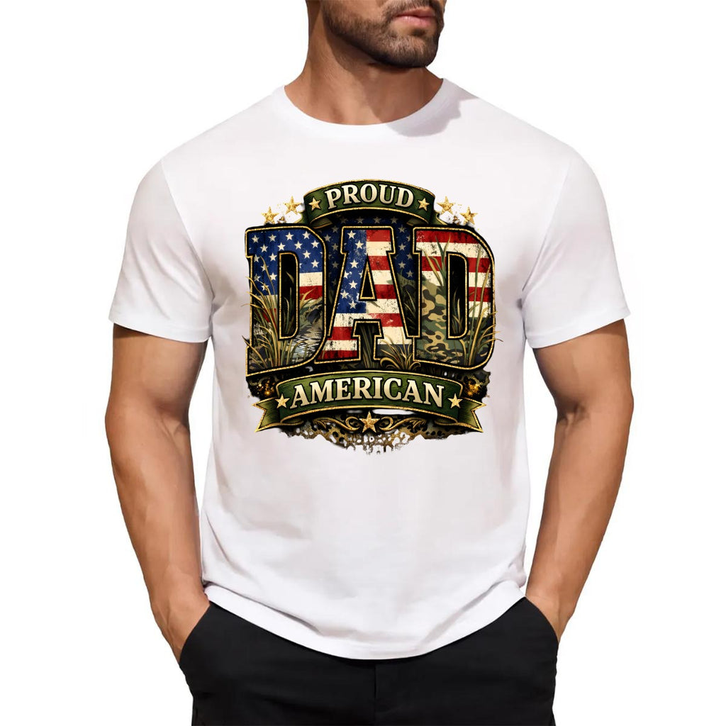 White t-shirt with Proud American Dad design on a white background.