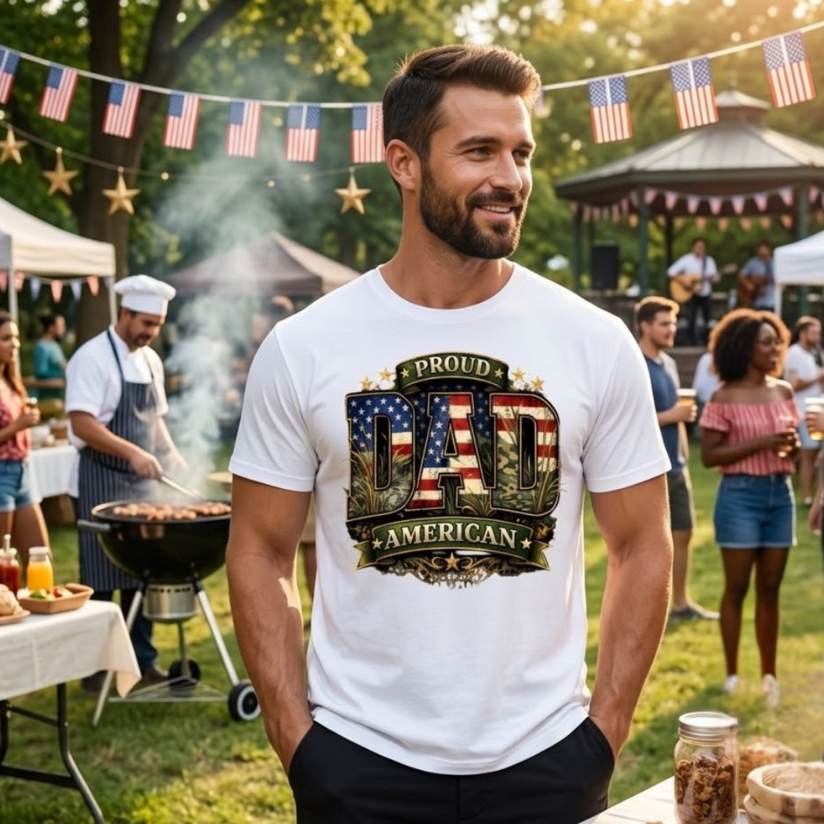 Man wearing a Proud Dad American t-shirt at an outdoor event with American flags.