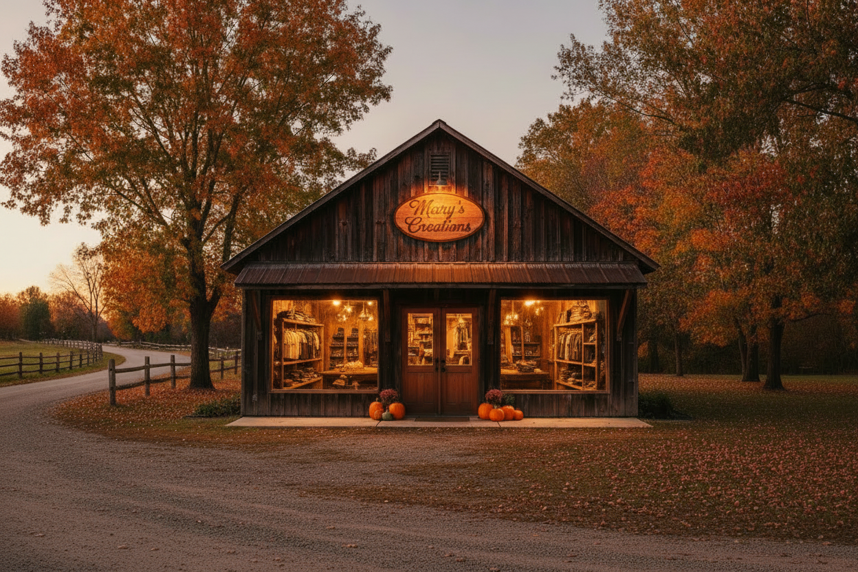Rustic autumn barn surrounded by fall foliage-home of handcrafted country-inspired tees.