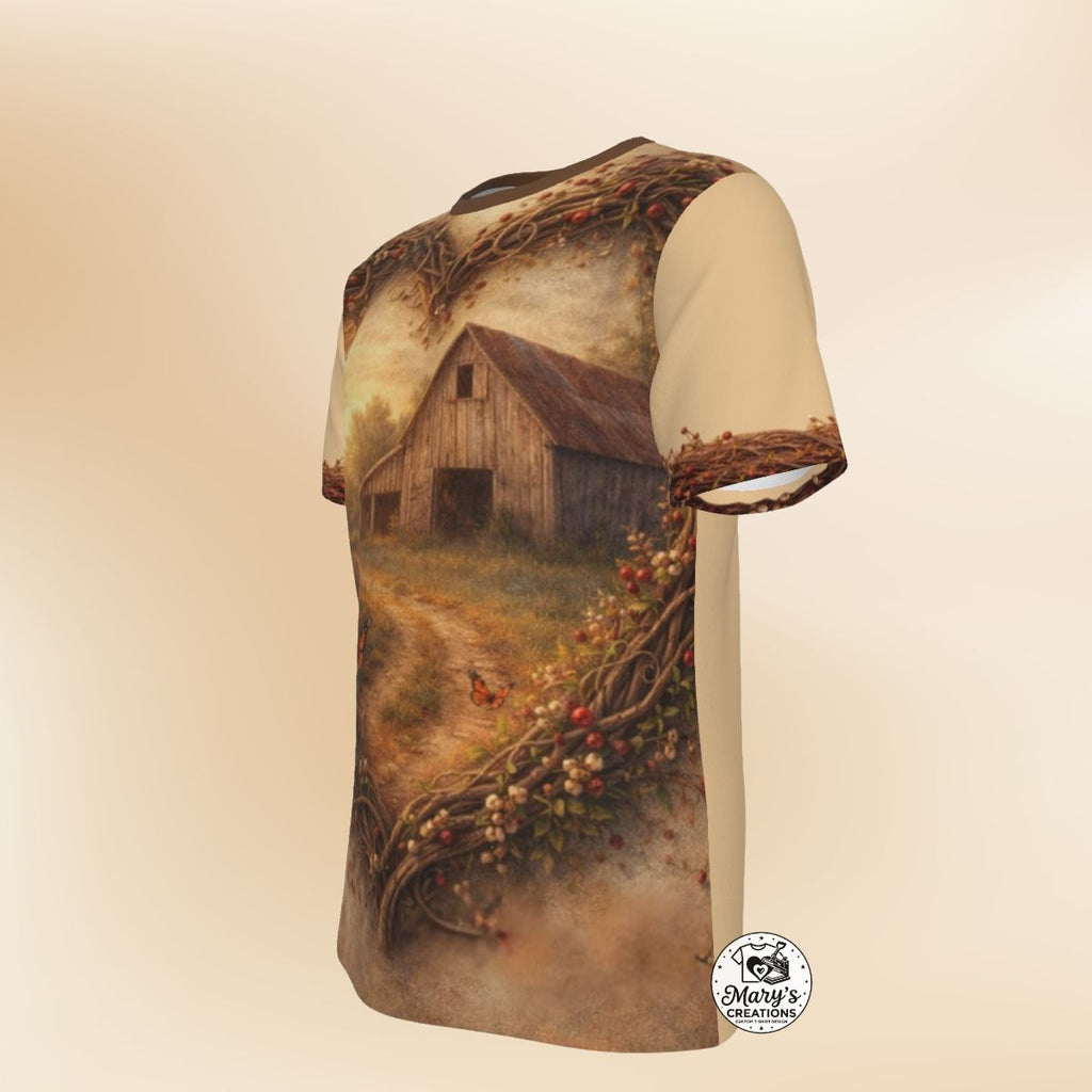 Right  angle view of Rustic Barn & Butterfly Heart-Framed All-Over Print Graphic Tee.