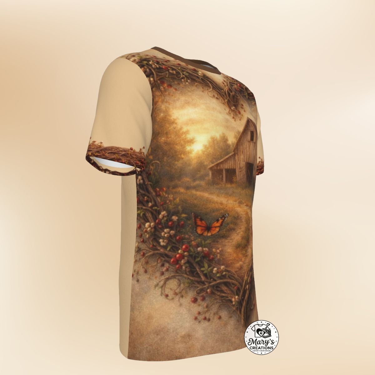 Left angle view of Rustic Barn & Butterfly Heart-Framed All-Over Print Graphic Tee.