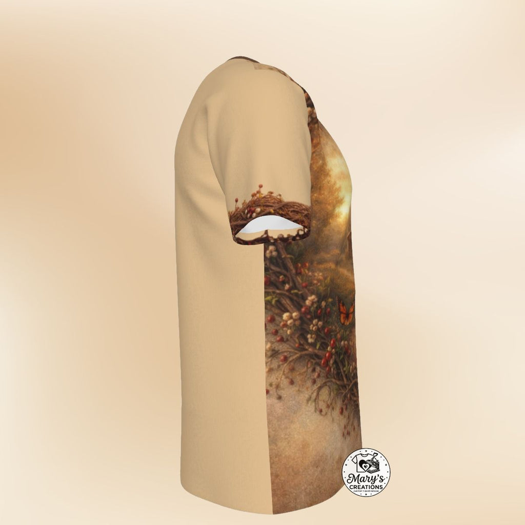 Left Side View of Rustic Barn & Butterfly Heart-Framed All-Over Print Graphic Tee.