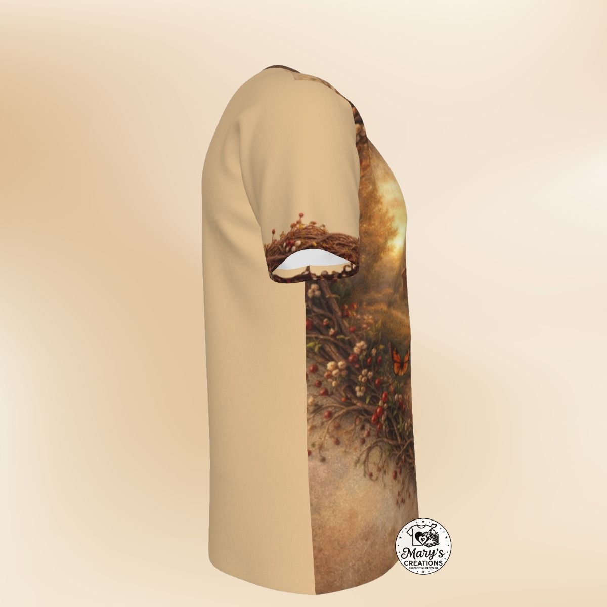 Left Side View of Rustic Barn & Butterfly Heart-Framed All-Over Print Graphic Tee.