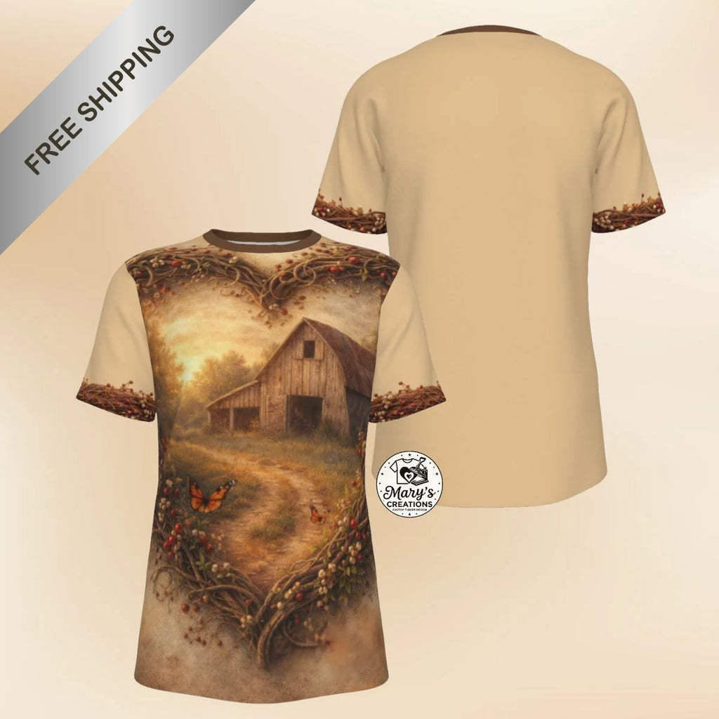 Front and back view of Rustic Barn & Butterfly Heart-Framed All-Over Print Graphic Tee with free shipping banner.