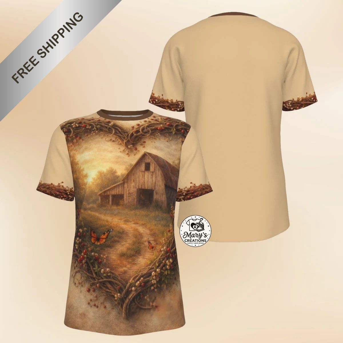 Front and back view of Rustic Barn & Butterfly Heart-Framed All-Over Print Graphic Tee with free shipping banner.