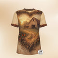 Rustic Barn & Butterfly Heart-Framed All-Over Print Graphic Tee on beige background.