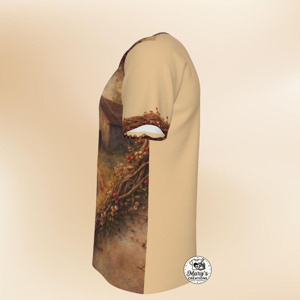 Side View of Rustic Barn & Butterfly Heart-Framed All-Over Print Graphic Tee.