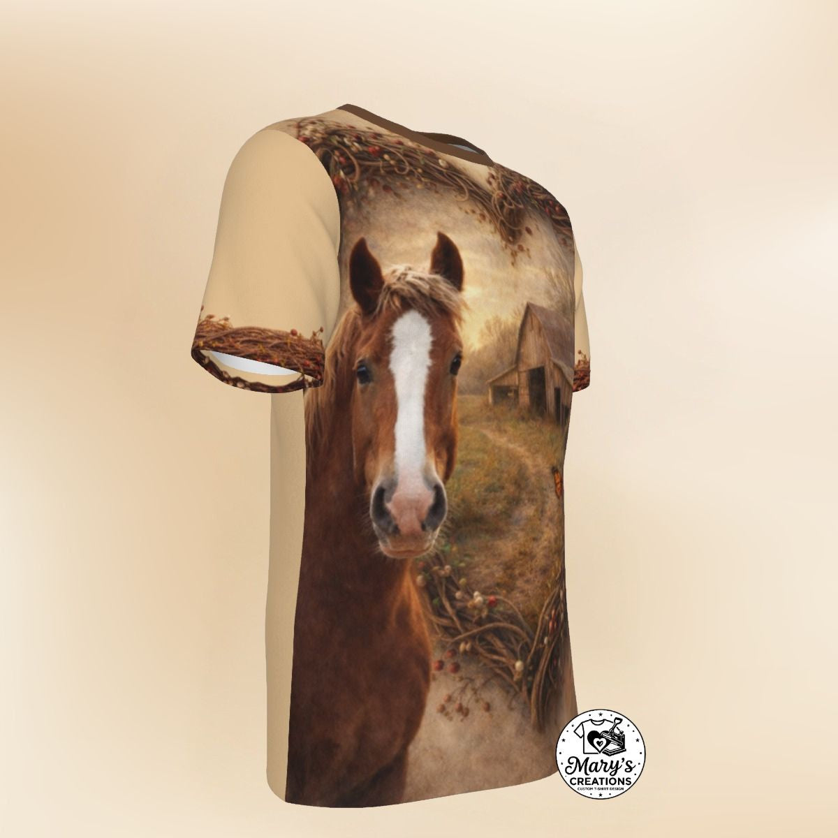 Left angle view of Rustic Barn & Butterfly Heart-Framed All-Over Print Graphic Tee.