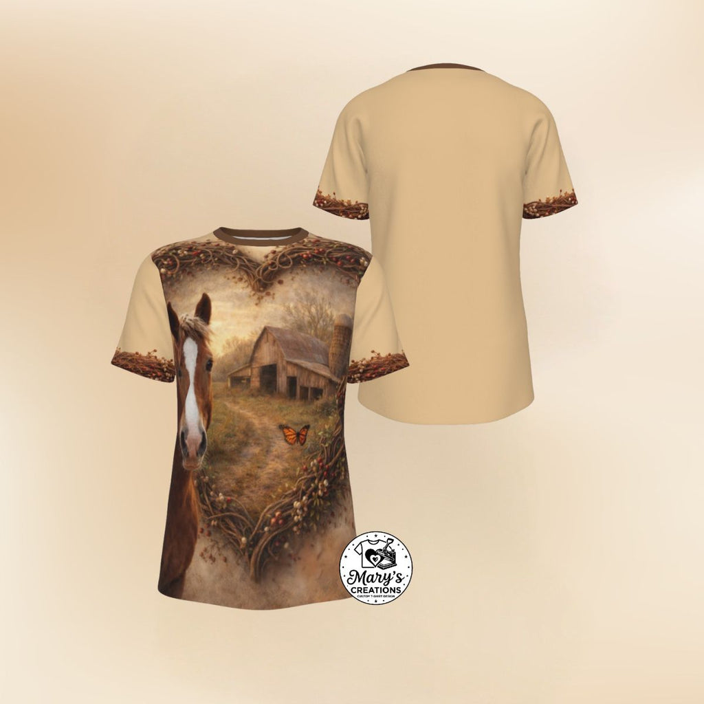 Front and back view of Rustic Barn & Butterfly Heart-Framed All-Over Print Graphic Tee with free shipping banner.
