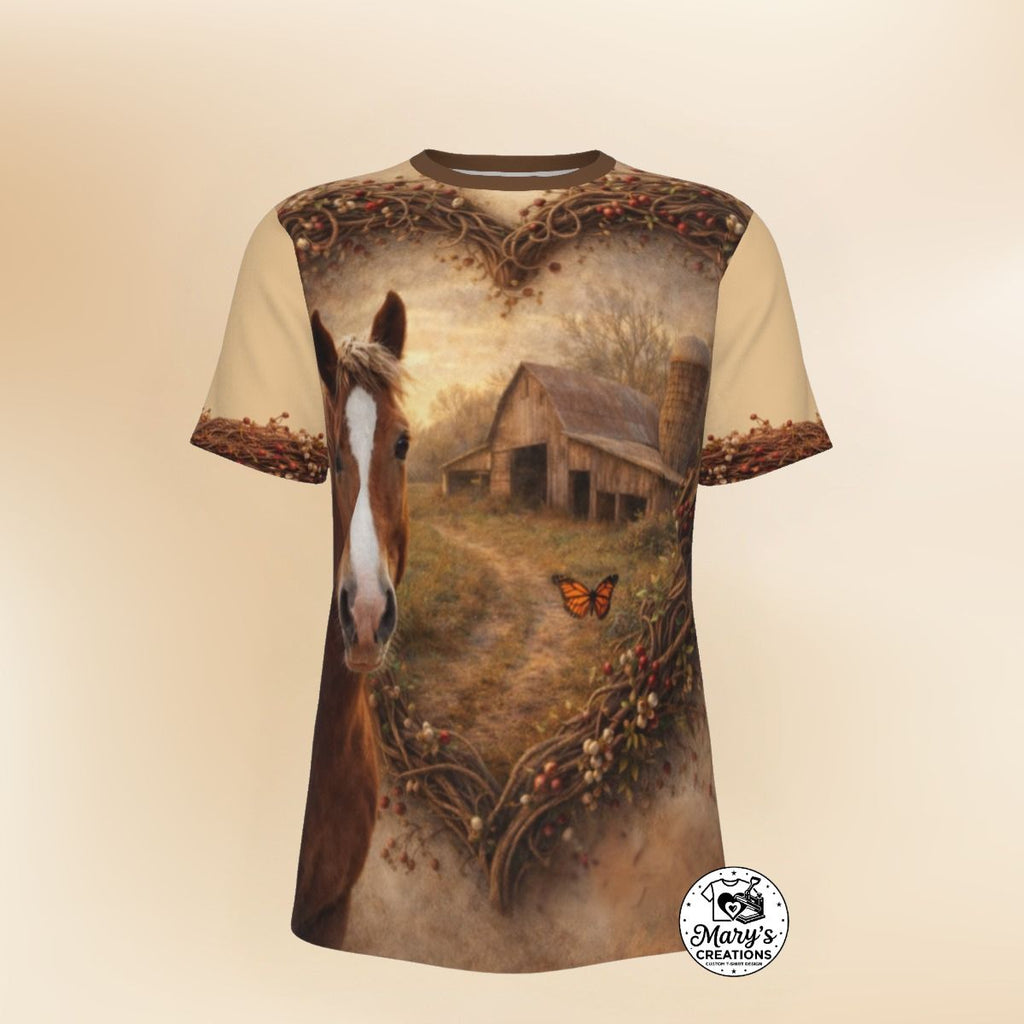 Rustic Barn & Butterfly Heart-Framed All-Over Print Graphic Tee on beige background.