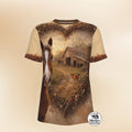 Rustic Barn & Butterfly Heart-Framed All-Over Print Graphic Tee on beige background.