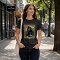 Woman wearing a black tee with a rustic watermill, graphic with text duck pond Pennington, Gap VA.