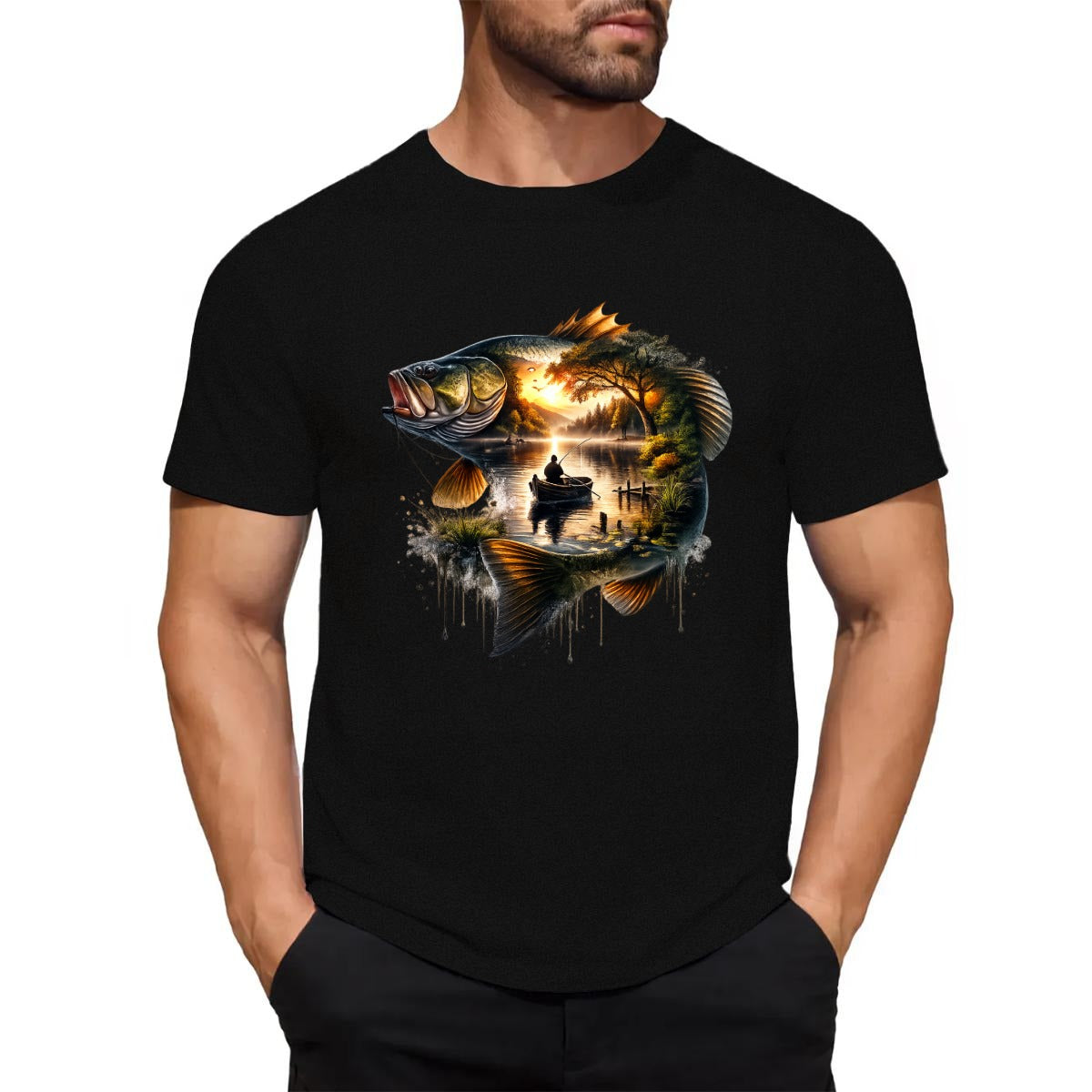 Black t-shirt with a fish design featuring a sunset and a boat, worn by a person.