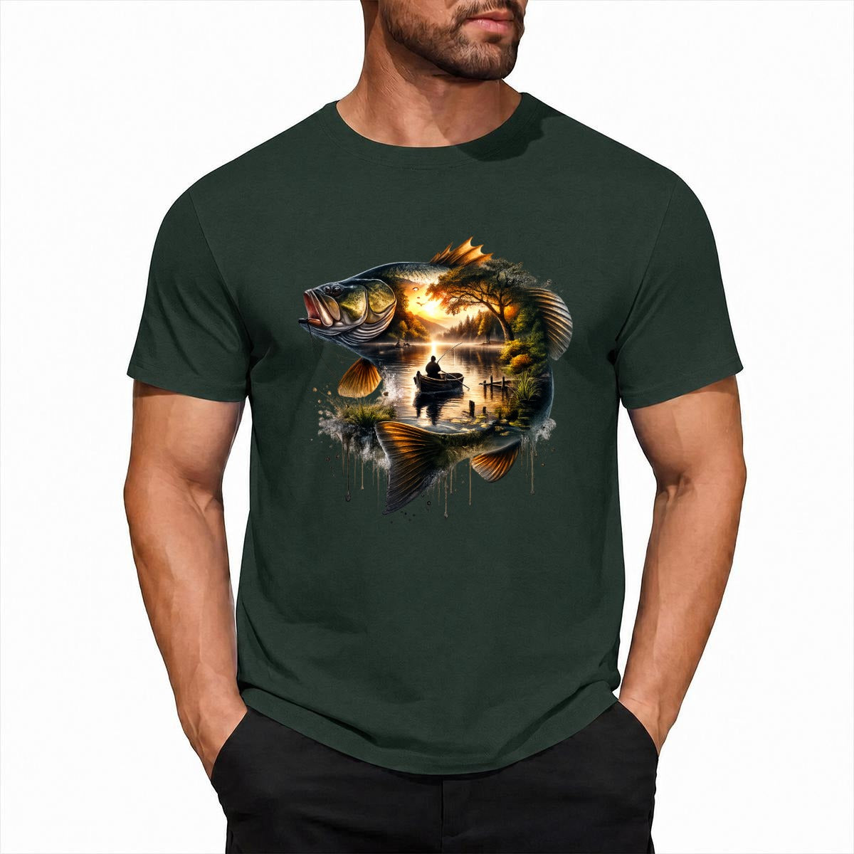 Man wearing a dark green t-shirt with a fish and nature scene design.