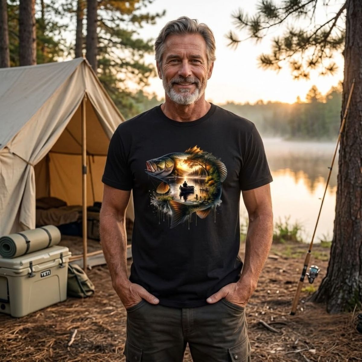 Man wearing a black t-shirt with a nature-themed design, standing in front of a tent and lake.