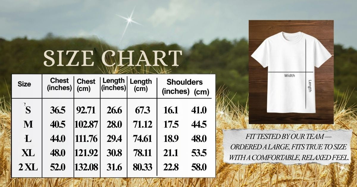 Size chart measuring chest-length-shoulders, sizes S-2XL.
