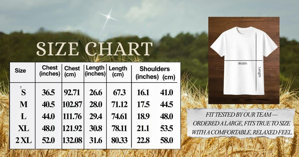 Size chart showing S through 2XL measurements in inches and cm for chest, length, and shoulders.
