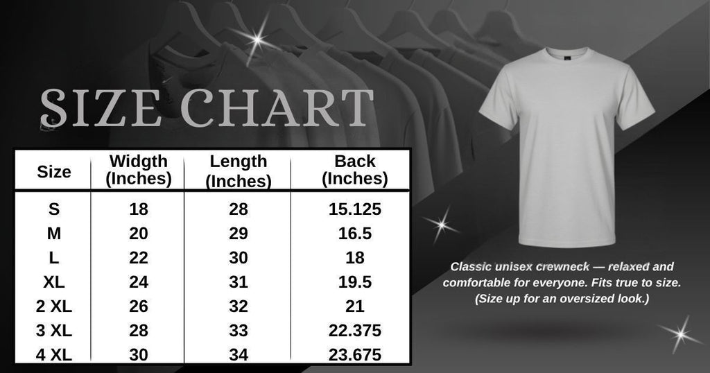 Size chart measuring width, length, and back. Sizes S-4XL.