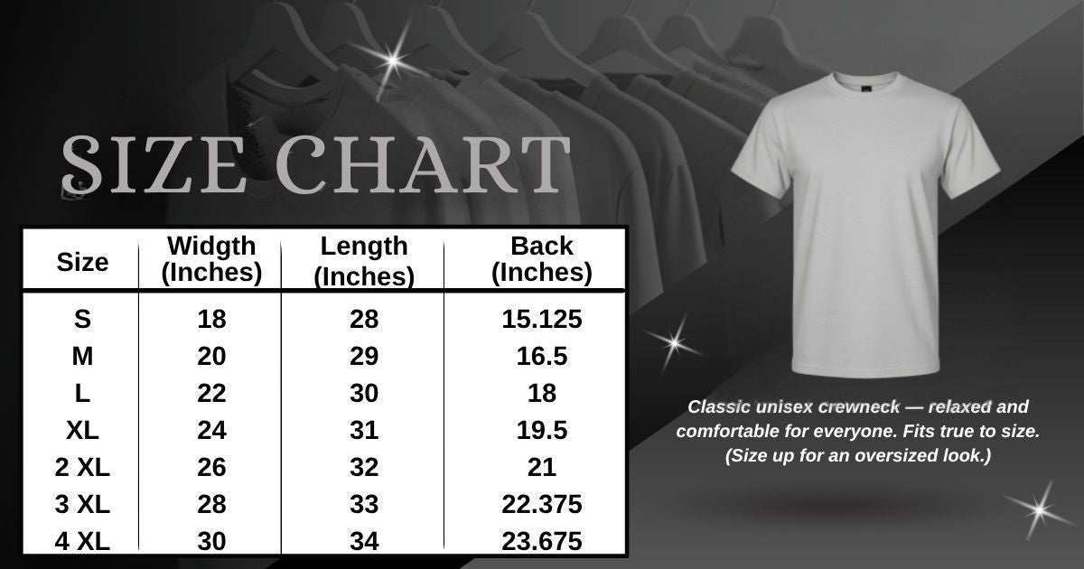 Size chart measuring width, length, and back. Sizes S-4XL.