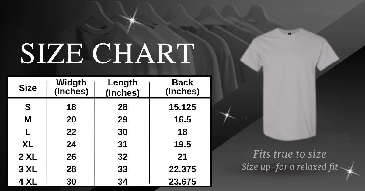 Size chart for shirts with a gray t-shirt on a dark background. measuring sizes S-4XL. 