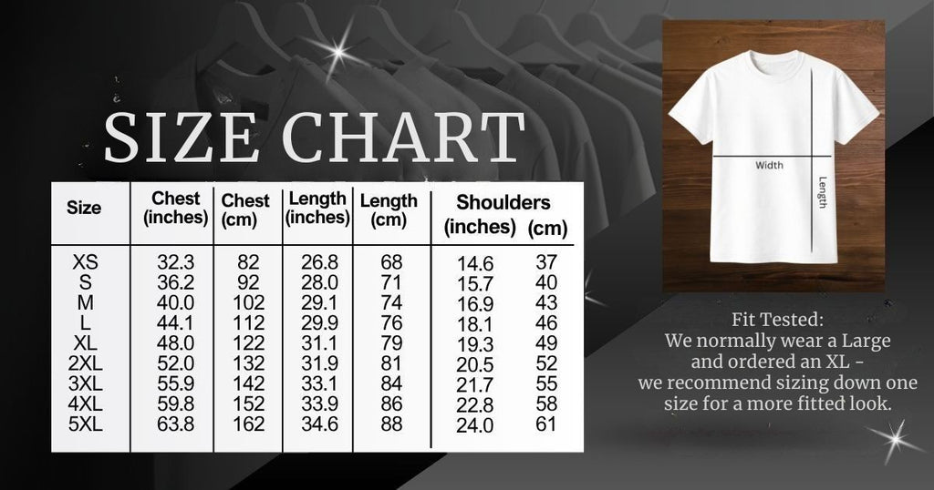 Size chart for an all-over print unisex cotton tee with a t-shirt on a wooden surface. Sizes XS-5XL.