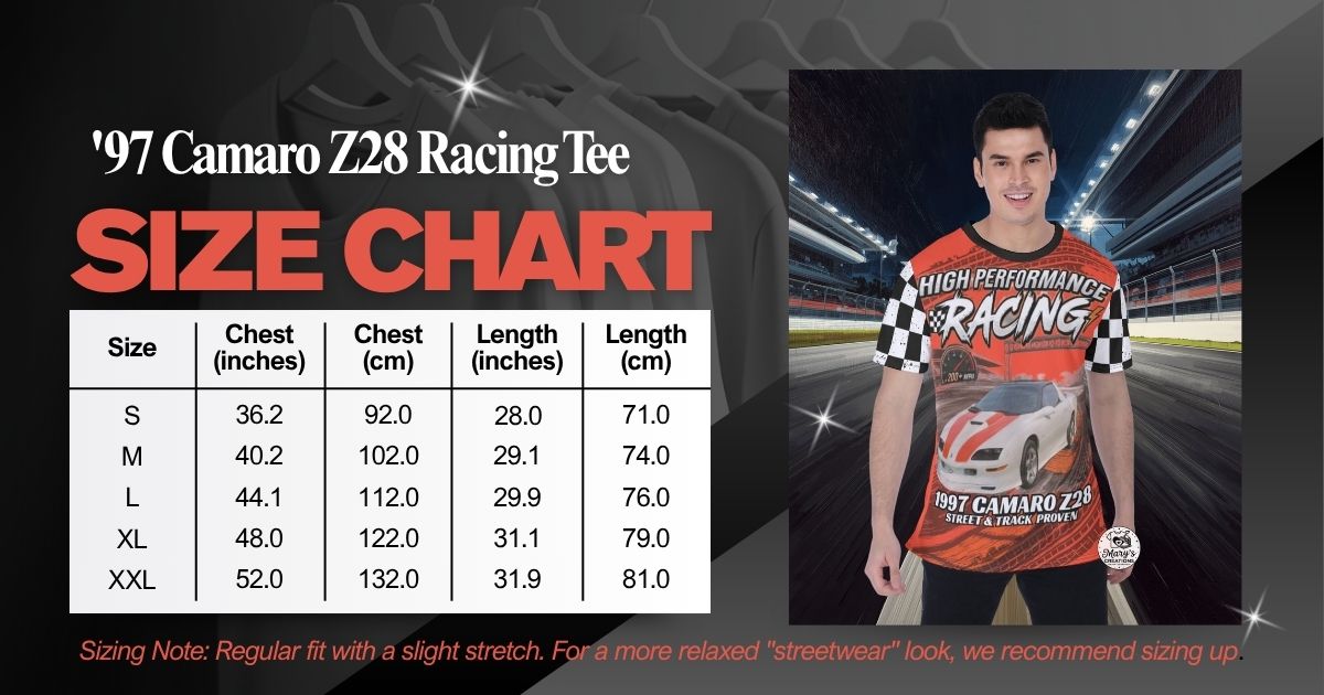 Size chart for '97 Camaro Z28 Racing Tee with a person wearing the shirt on a racetrack background | Mary's Creations
