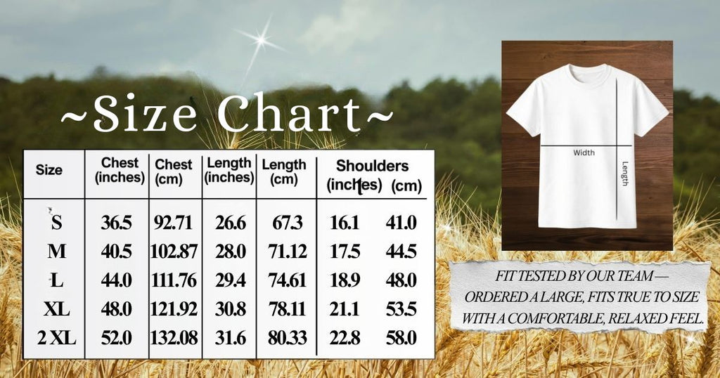 Size chart displaying sizes s-2xl on a country theme background.