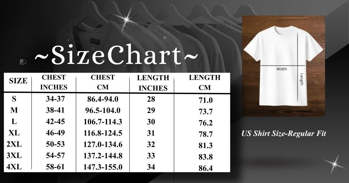 Size chart with a white t-shirt on a wooden background. Measuring chest and length. Sizes S-4XL.