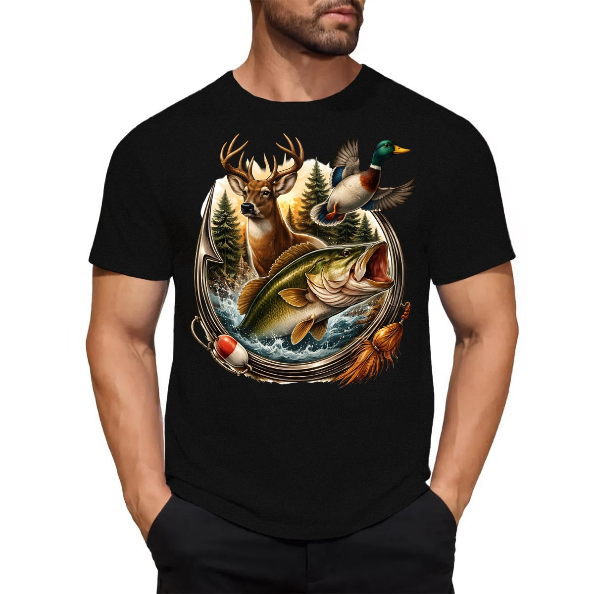 Black t-shirt with nature-themed design featuring a deer, fish, and duck on a white background.