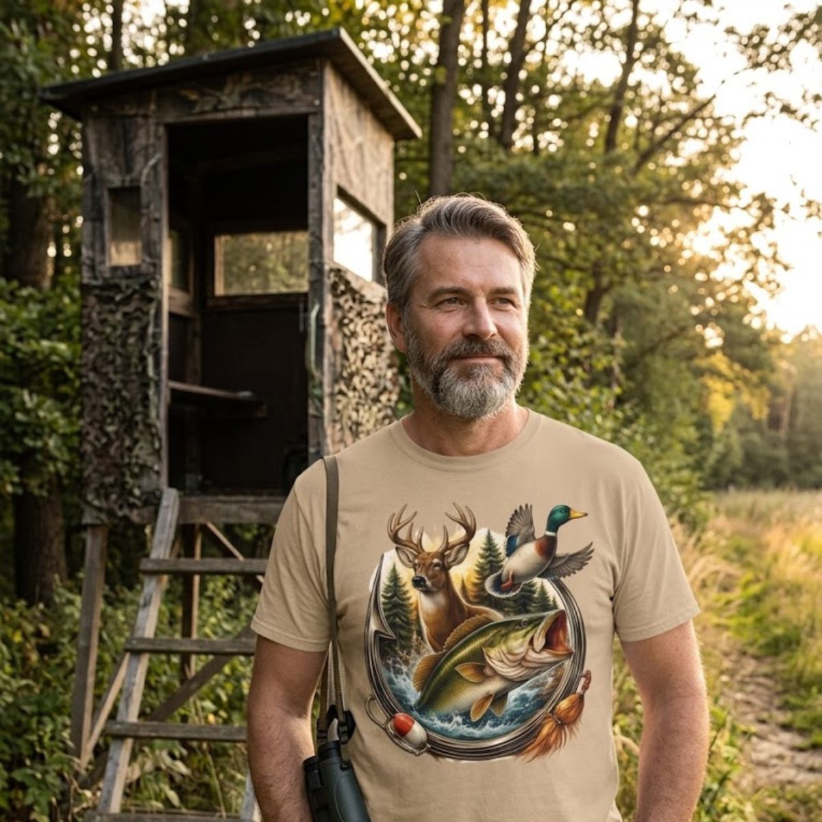 Man wearing a t-shirt with nature-themed design in front of a wooden blind in a forest.
