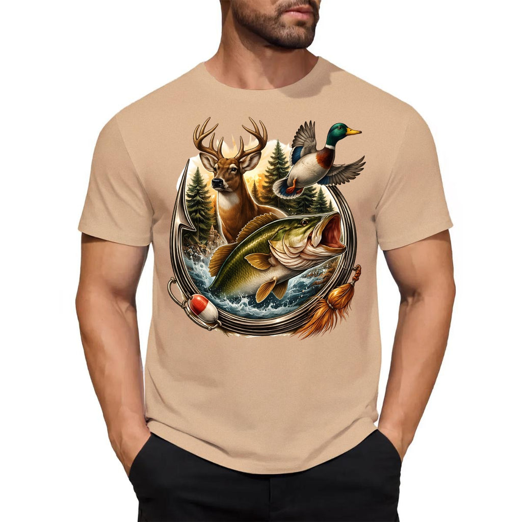 Tan t-shirt with nature-themed design featuring a deer, fish, and duck on a white background.