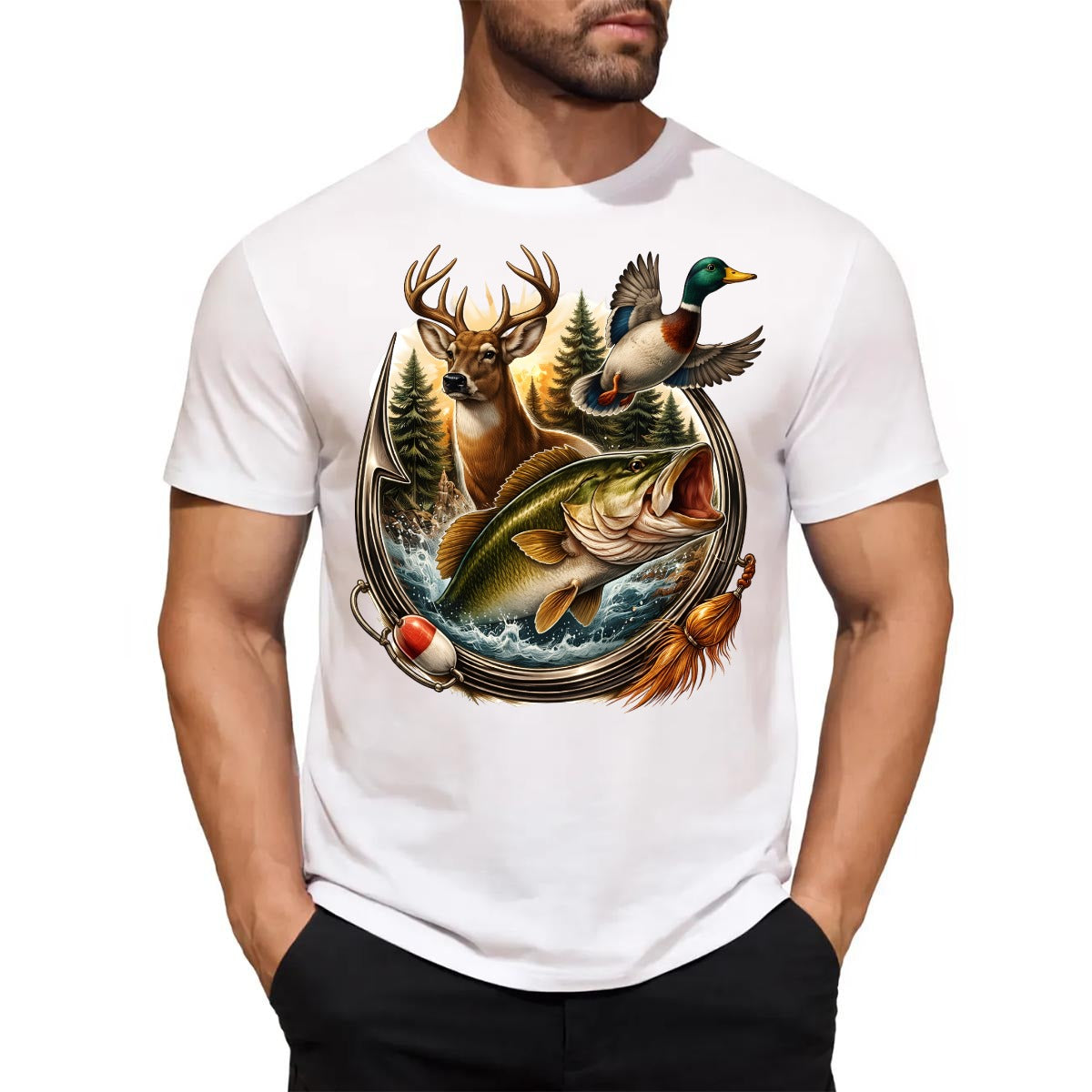 White t-shirt with nature-themed design featuring a deer, fish, and duck on a white background.