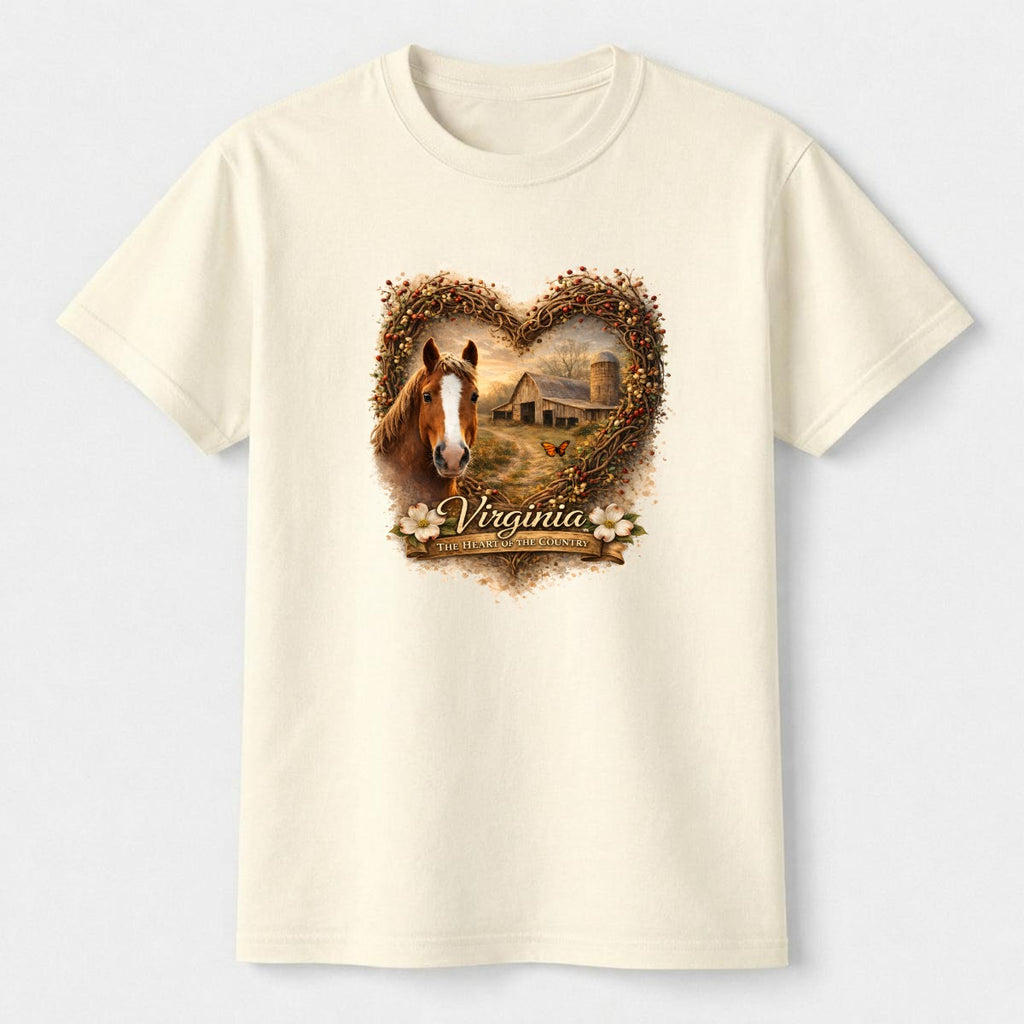 Virginia heartland horse and barn graphic tee with a heart collage of two photos on a white background.