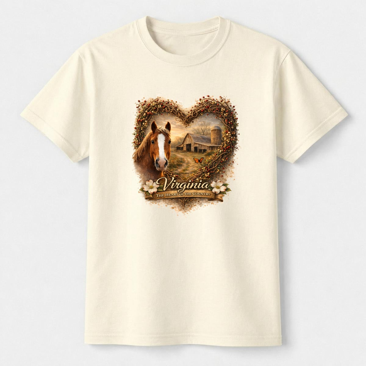 Virginia heartland horse and barn graphic tee with a heart collage of two photos on a white background.