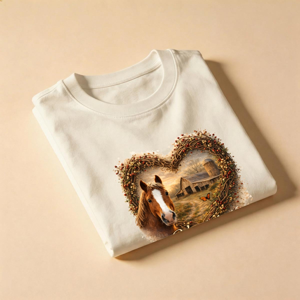 Virginia heartland horse and barn graphic tee with a heart collage of two photos neatly folded.