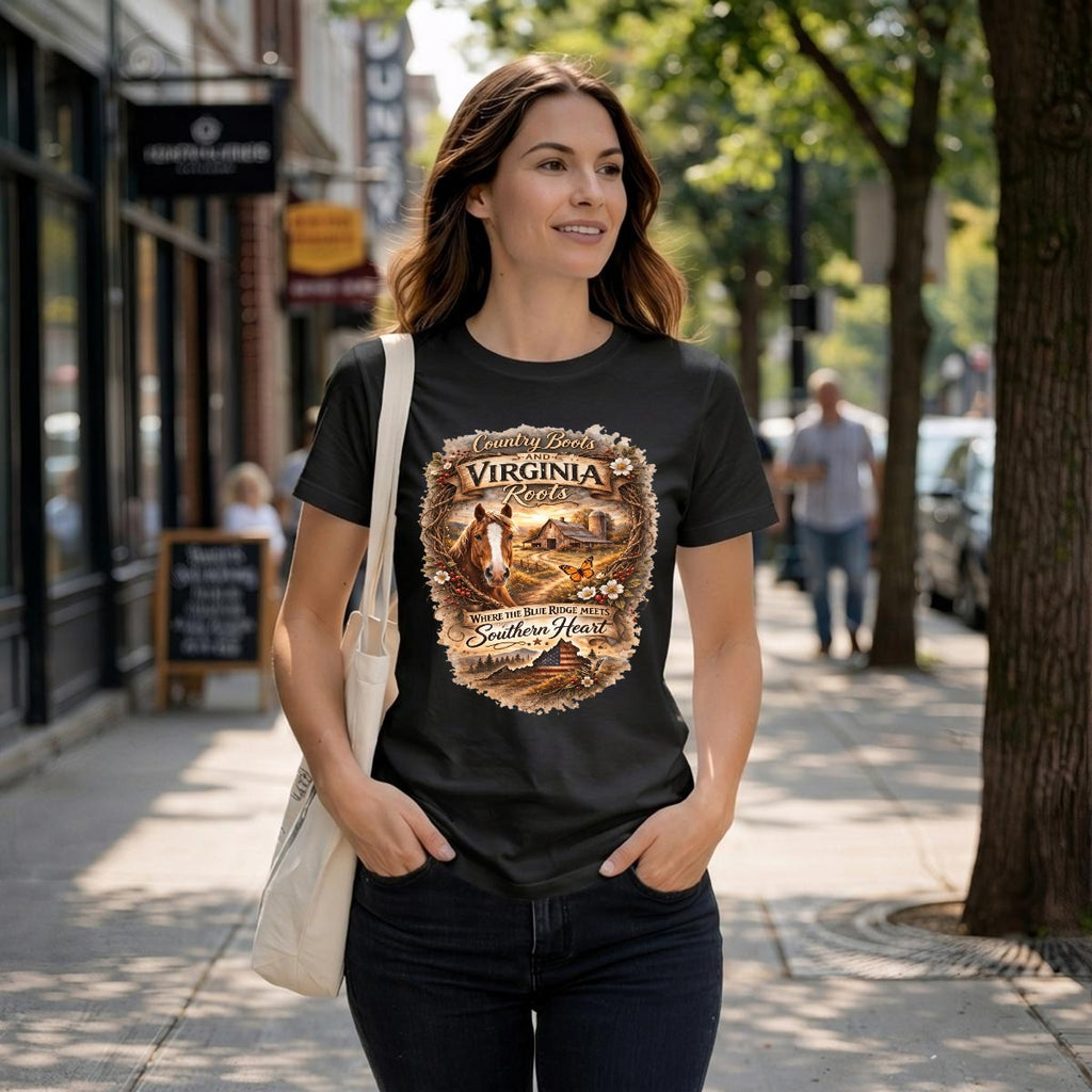 Woman wearing a black t-shirt with Virginia Roots graphic design on a city street.