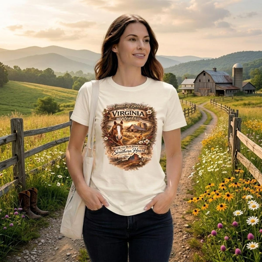 Woman wearing a natural-colored graphic tee-Virginia Roots & Southern Heart Country Horse Shirt.
