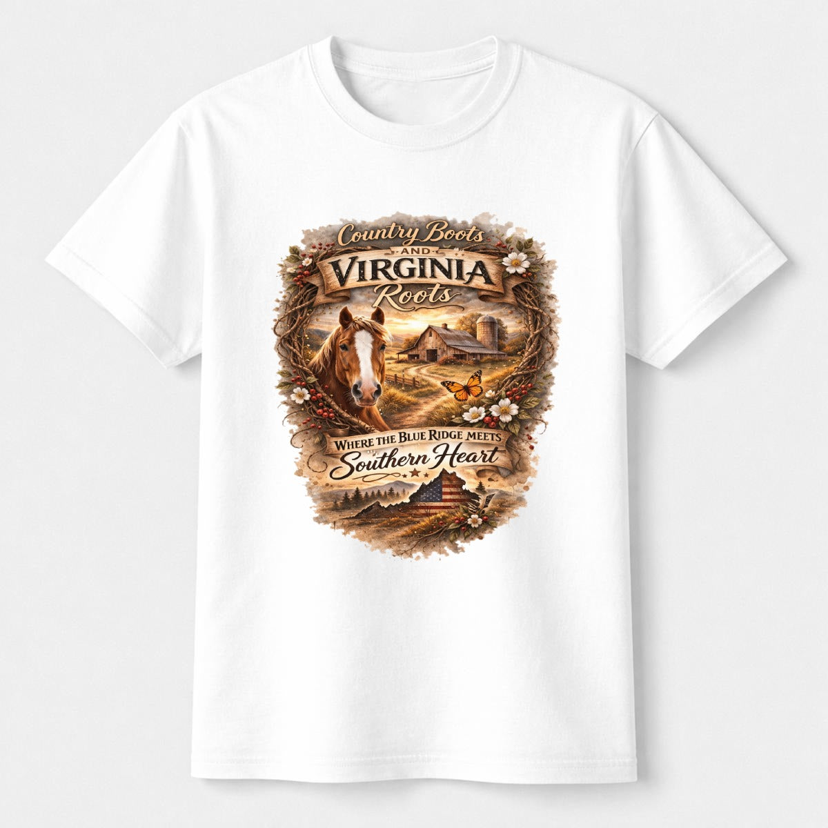 White t-shirt with a graphic design featuring a horse, mountains, and text on a white background.