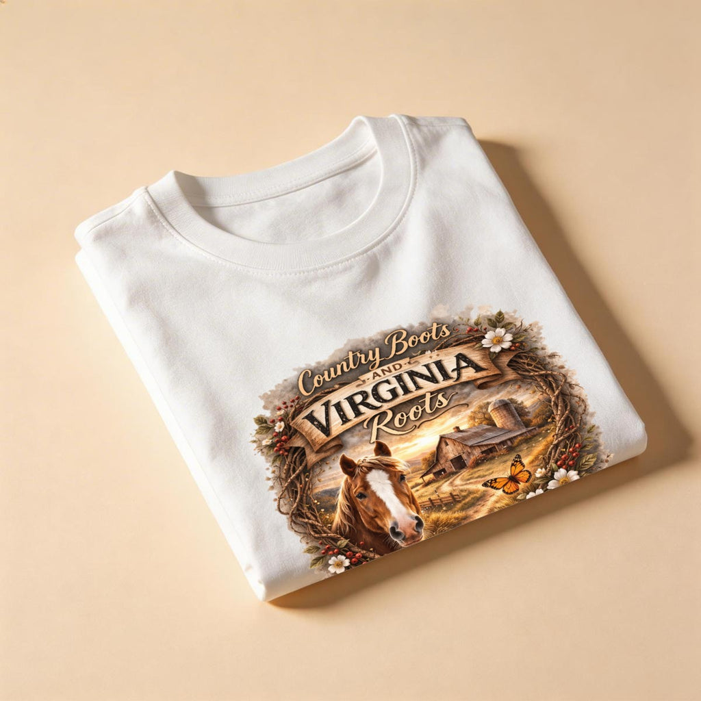 Folded white t-shirt with a horse and Virginia Roots design on a beige background.
